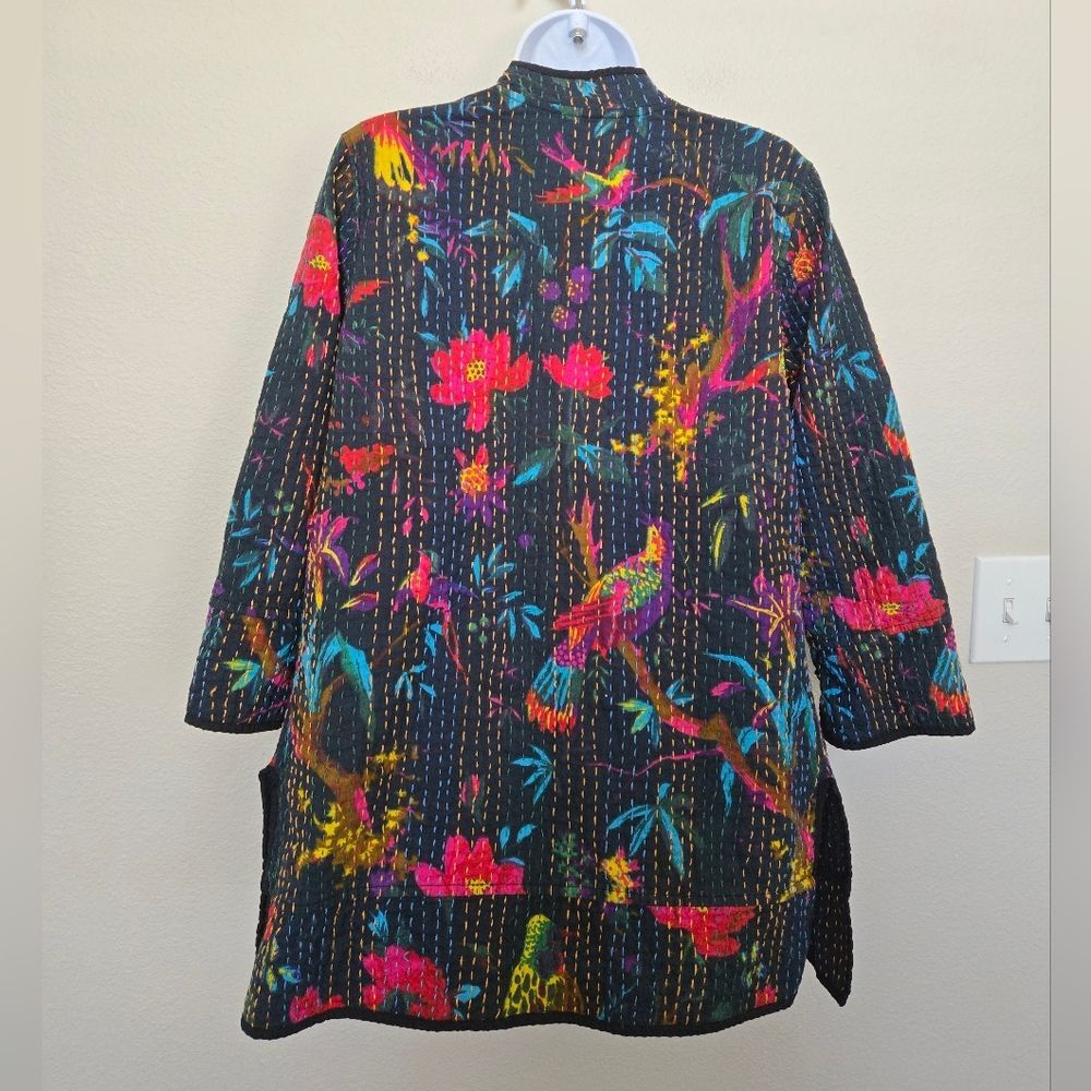 Bohemian Floral Birds Cotton Black Long Jacket Size Small - Picture 8 of 14